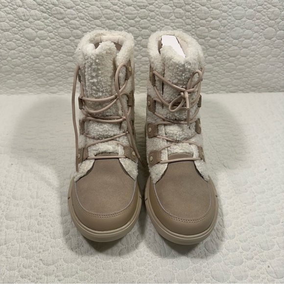 Sorel Explorer Joan Cozy Cream and Tan High-Top Boots with Lace-Up Closure - Picture 2 of 5